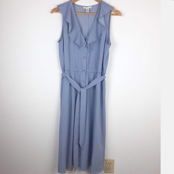 Ruffle Front Chambray Dress Size 10. Blue Midi Frilly Feminine Sun London Times - Picture 1 of 16